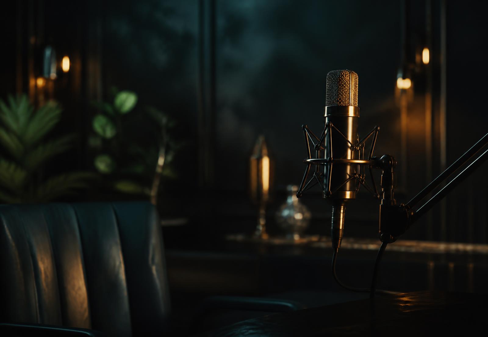Dimly lit podcast studio with a gold condenser microphone